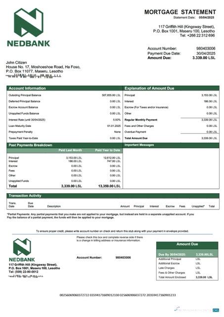 Download Lesotho Nedbank Lesotho mortgage statement Word and PDF template Photoshop template